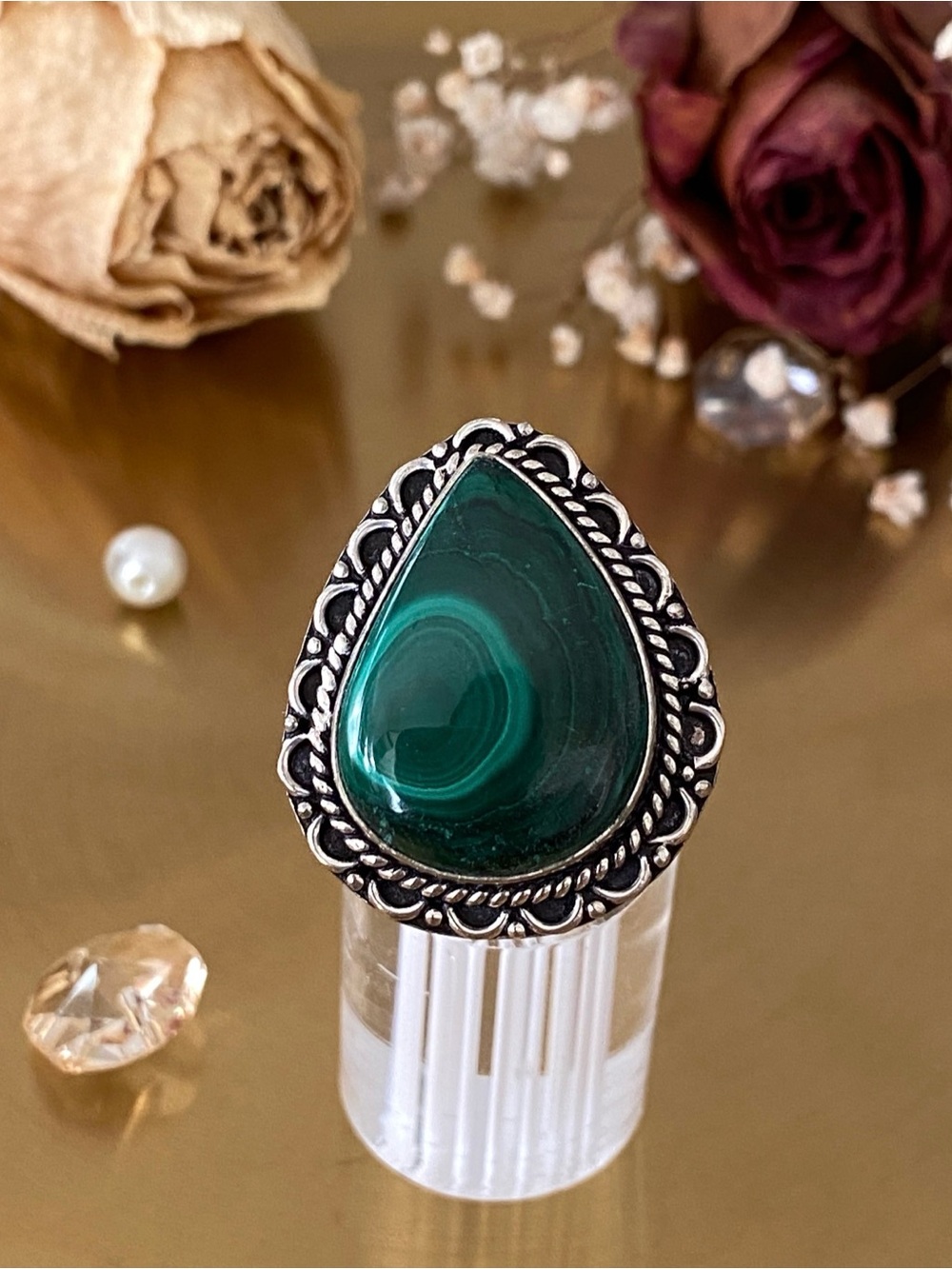 Natural Malachite Handcrafted Ring Size 8.5